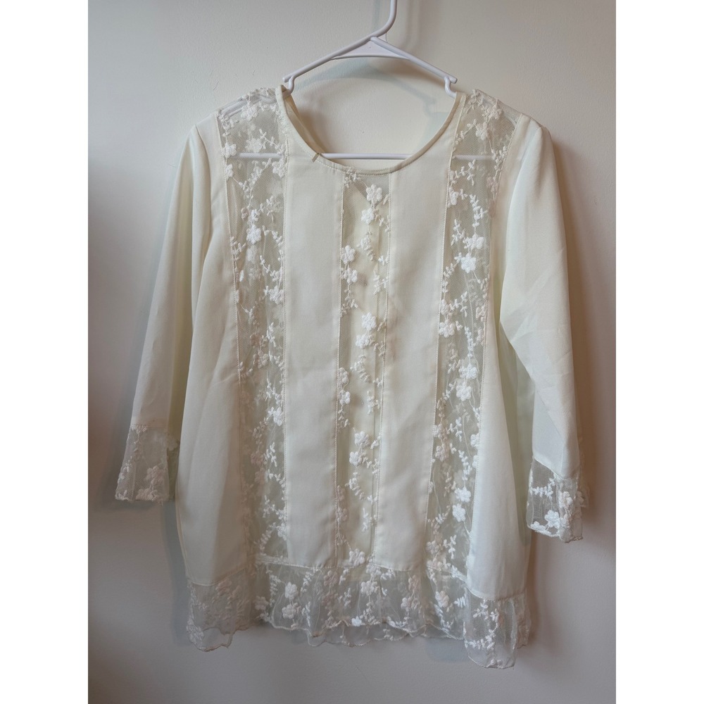 Fate Ivory Floral Lace Mesh Panel Blouse Three Quarter Sleeve Cream Top Medium